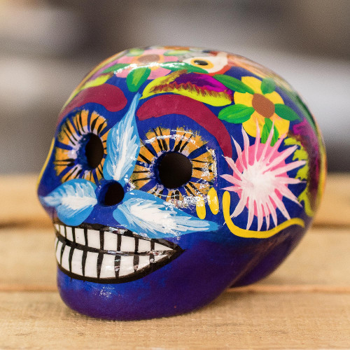 Blue Handcrafted Ceramic Figurine 'Skull with Macaws in Blue'