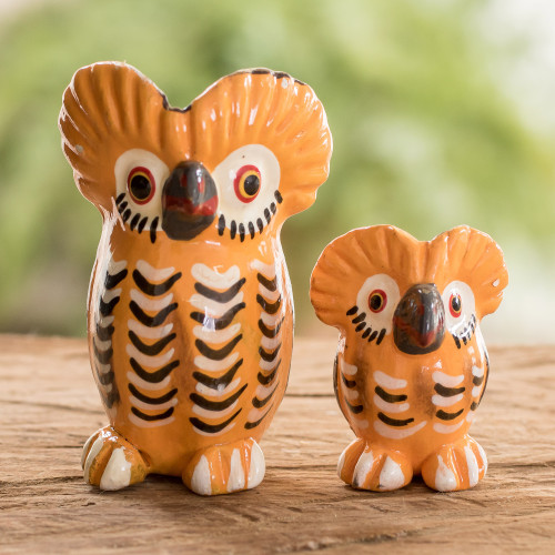 2 Handcrafted Ginger Orange Ceramic Owl Figurines 'Owls of Good Fortune'