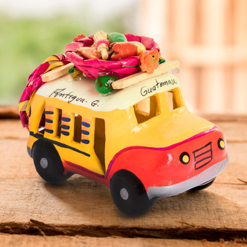 Red and Yellow Ceramic Bus Sculpture from Guatemala 'Red and Yellow Old Time Bus'