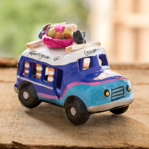 Blue and Turquoise 3.5 In Ceramic Bus from Guatemala 'Blue Old Time Bus'