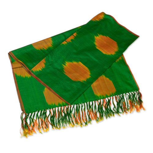 Handwoven Traditional Green and Yellow Silk Shawl 'Green Bukhara'