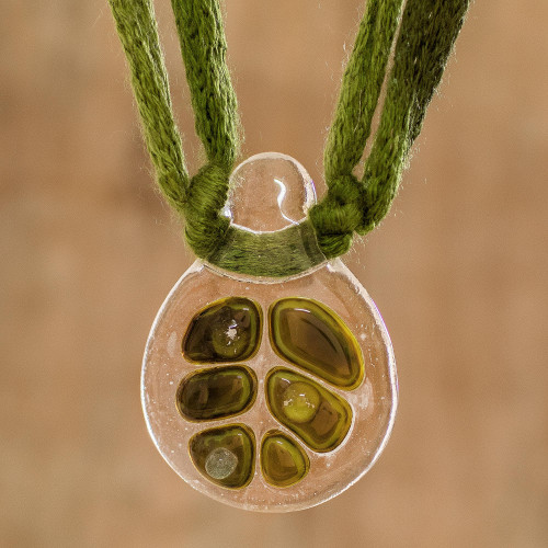 Clear Drop Shaped Glass Pendant Necklace with Braided Cord 'Green Dewdrop Leaf'