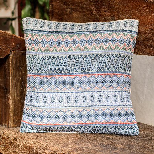 Handloomed Blue Cotton Cushion Cover from Guatemala 'Little Reef'