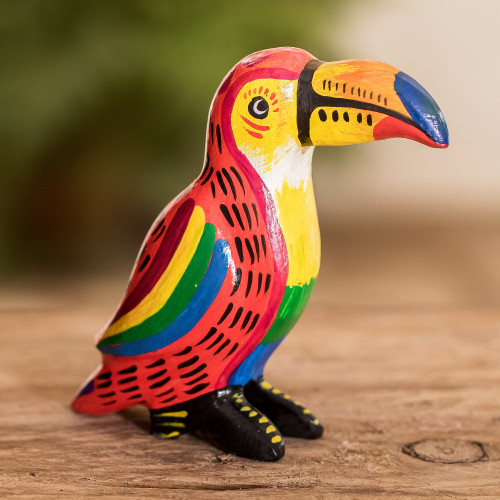 Handmade Guatemalan Multicolored Wood Figurine of Bird 'Tranquil Toucan'