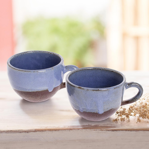 Blue and Brown Ceramic Coffee Cups from Honduras Pair 'Sea Blue Morning'