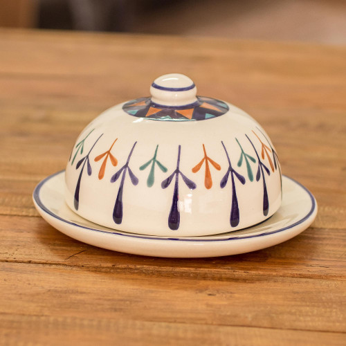 Ceramic Hand Painted Geometric Design Covered Cheese Dish 'Antigua Breeze'