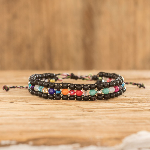 Multicolor Glass and Crystal Beaded Bracelet from Guatemala 'Dreams in Black' Multicolor Glass and Crystal Beaded Bracelet from Guatemala 'Dreams in Black'