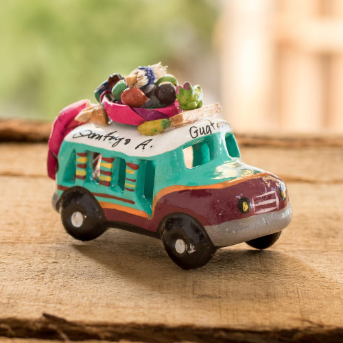 Green and Brown Ceramic Mini Bus Decoration from Guatemala 'Brown and Turquoise Old Tim...'