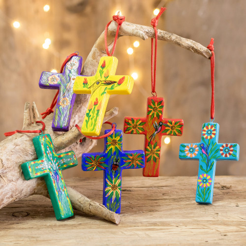 Handmade Ceramic Cross Christmas Ornaments Set of 6 'Floral Crosses'