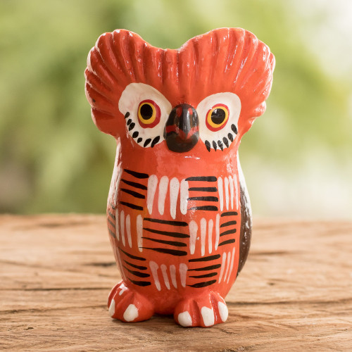Red Owl-shaped Ceramic Figurine Handmade in Guatemala 'Summer Tecolote'