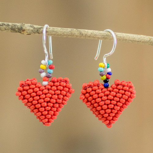 Bright Red Heart Earrings on Sterling Silver Hooks 'Dotted Hearts'