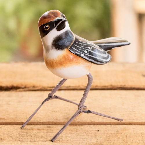 Artisan Crafted Bird Figurine 'Red-Headed Long-Tailed Tit'