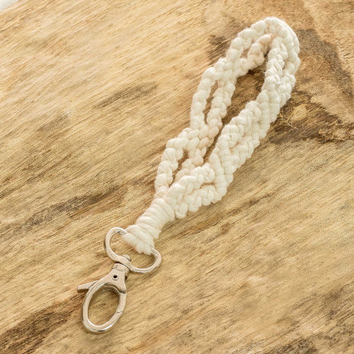 Pewter and 100 Cotton Macrame Key Chain from Guatemala 'Braided Ivory Loop'