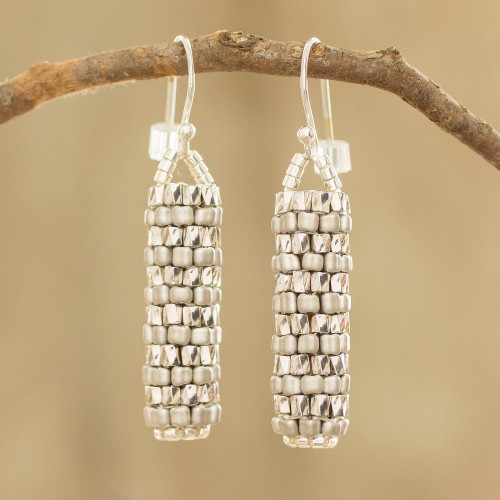 Miyuki Glass Bead Basket Like Dangle Earrings in Silver Tone 'Silvery Pillars' Miyuki Glass Bead Basket Like Dangle Earrings in Silver Tone 'Silvery Pillars'