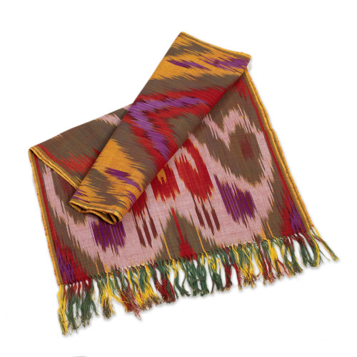 Multicolored Cotton Ikat Scarf Hand-Woven in Uzbekistan 'Fergana Sunset'