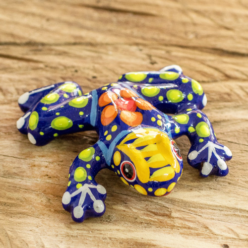 Handpainted Ceramic Figurine Frog and Floral Motif 'Blue Harmony Frog'