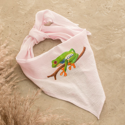 Hand-Painted Frog-Themed Cotton Bandana in Pink 'Blush Croaks'