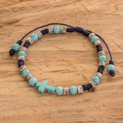 Reconstituted Turquoise Macrame Bracelet with Cross Pendant 'Look Up to Heaven' Reconstituted Turquoise Macrame Bracelet with Cross Pendant 'Look Up to Heaven'