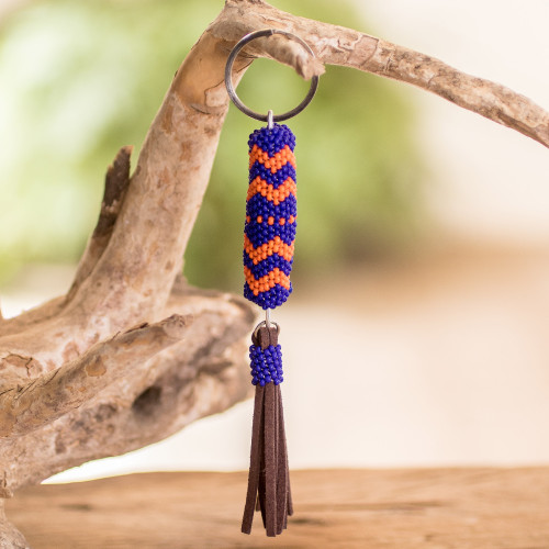 Beaded Leather Keychain and Bag Charm Handmade in Guatemala 'Sweet Tranquility'