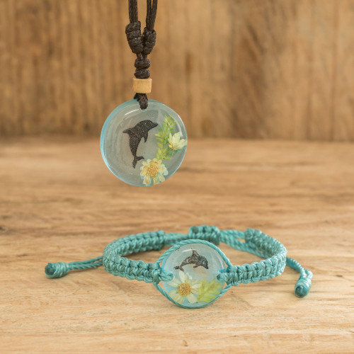 Set of Resin Dolphin Pendant Necklace and Macrame Bracelet 'Sea Friend'