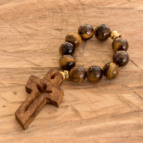 Tiger's Eye Decennary Rosary with Pinewood Cross 'Jesus Silhouette'