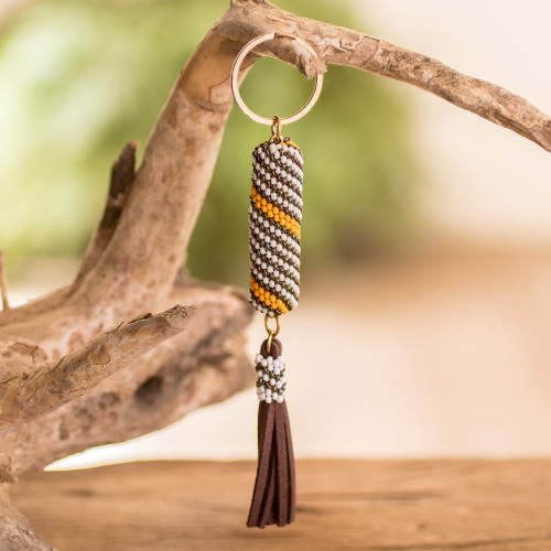 Beaded Leather Keychain and Bag Charm Handmade in Guatemala 'Bright Light'