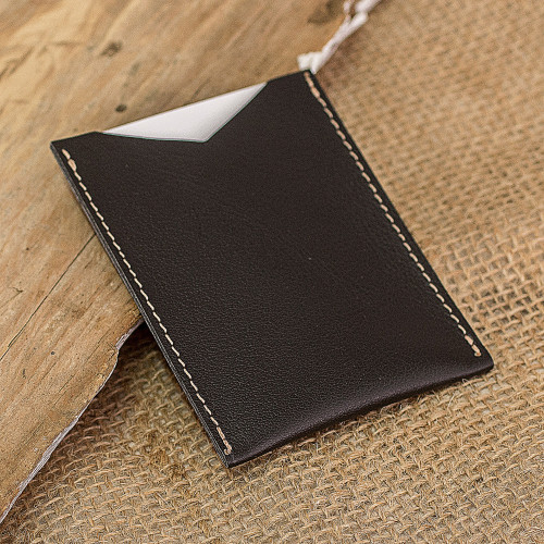 Handcrafted Black Leather Card Holder with Open Top 'Night Wealth'
