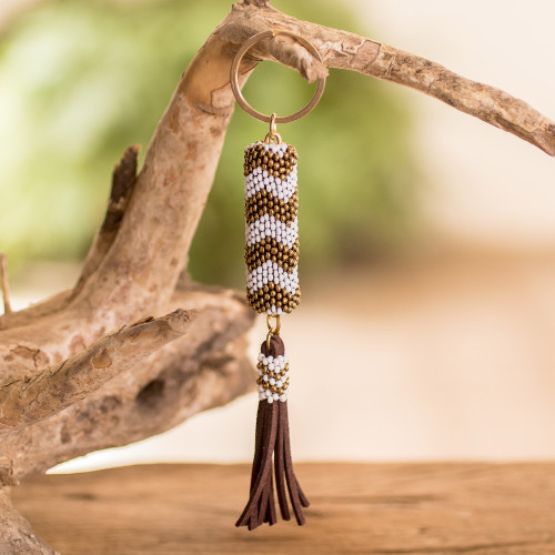 Beaded Leather Keychain and Bag Charm Handmade in Guatemala 'Lovely Radiance'