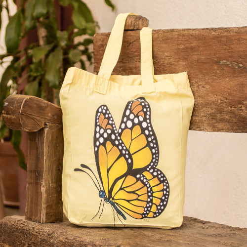 Hand-Painted Butterfly-Themed Polyester Tote Bag in Yellow 'Spring Wings'