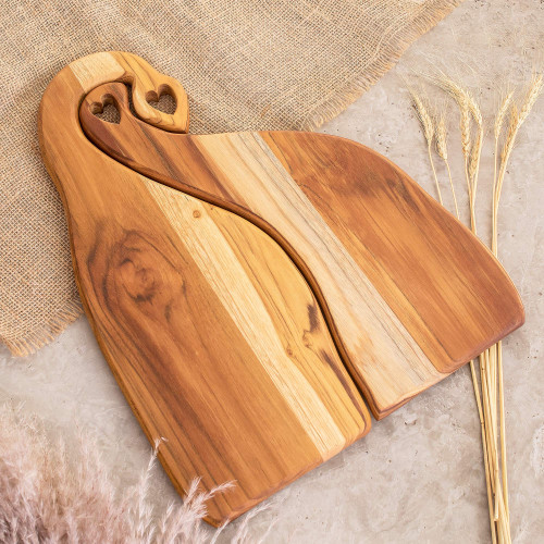 Pair of Heart-Themed Teakwood Cutting Boards from Guatemala 'Cooking Lover'