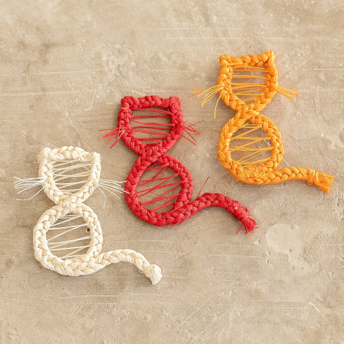 3 Handmade Natural Fiber Cat Magnets in Red Orange and Ivory 'United Kitten'