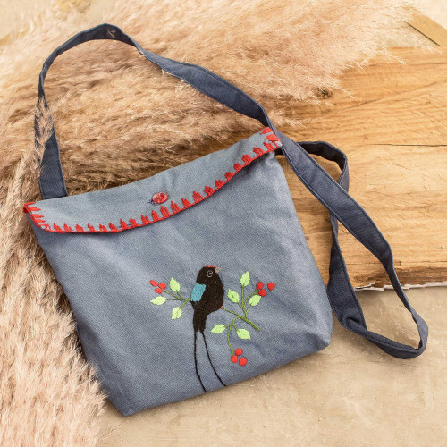 Bird-Themed Embroidered Cotton Sling with Red Accents 'Denim Bird'