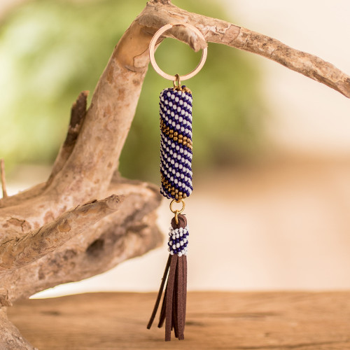 Beaded Leather Keychain and Bag Charm Handmade in Guatemala 'Tranquil Ocean'