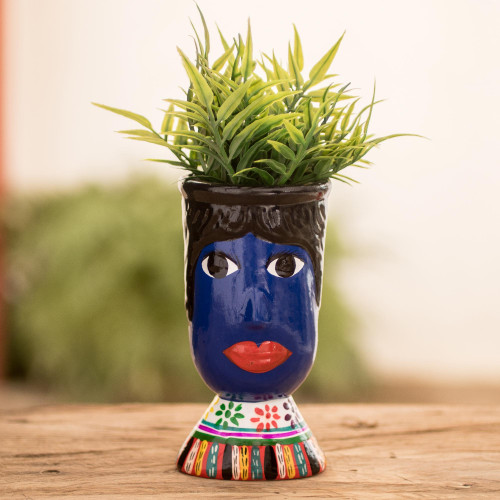 Blue Hand-Painted Double Face Ceramic Flower Pot 'St. Anthony'