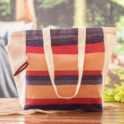 Striped Foldable Cotton Tote Bag Hand-Woven in Guatemala 'Fiesta' Striped Foldable Cotton Tote Bag Hand-Woven in Guatemala 'Fiesta'