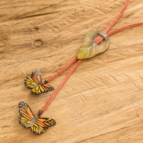 Autumn-Themed Hand-Painted Leather Lariat Necklace 'Autumn Fantasy'