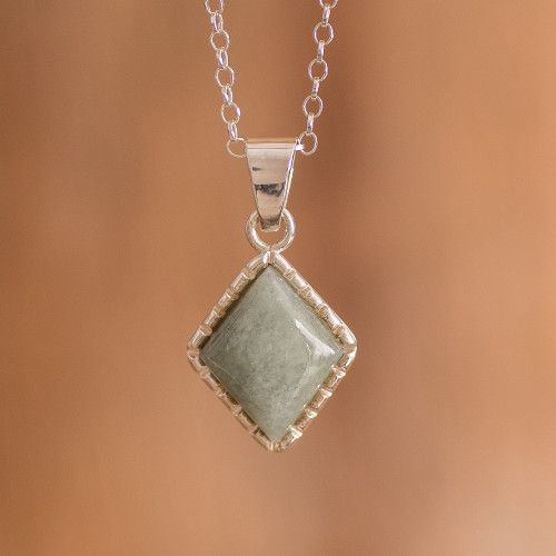 925 Silver Necklace with Rhombus-Shaped Green Jade Pendant 'Rhombus in Green'