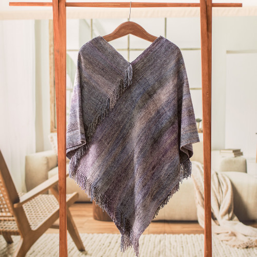 Handwoven Cotton Blend Poncho in Grey and Blue Hues 'Glamorous Lavender'