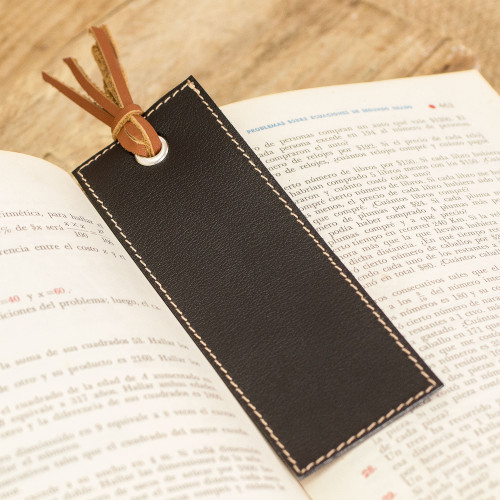 Handcrafted Black Leather Bookmark with Brown Fringes 'Night Reading'