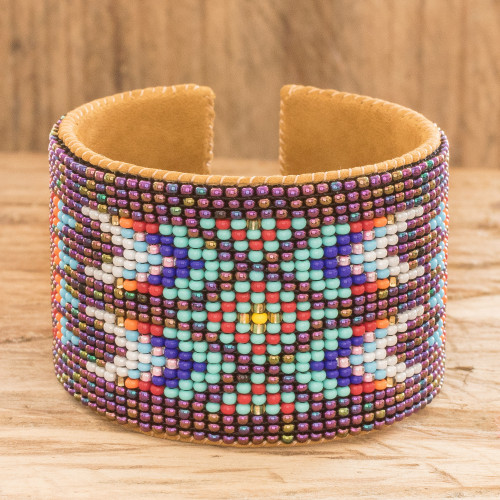 Beaded Leather and Suede Cuff Bracelet Handmade in Guatemala 'Ancestral Patterns'