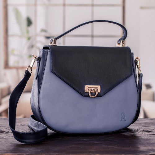 Blue Leather Sling Bag with Handle  Removable Strap 'Blue Subtlety'