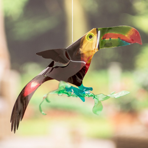 Hand-Painted Recycled Plastic Mobile of a Colorful Toucan 'Paradise Fauna'