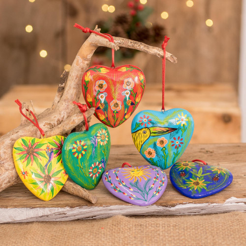 Set of 6 Hand-Painted Ceramic Ornaments with Cotton Bag 'Hearts of Nature'