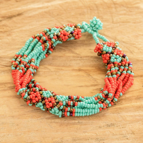 Multi-Strand Beaded Wristband Bracelet in Orange and Aqua 'Balance in Aqua'