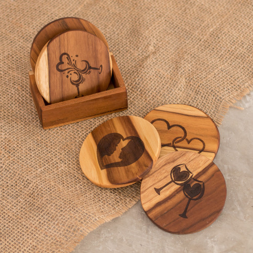 4 Love-Themed Teak Wood Coasters with Stand from Guatemala 'In Love'