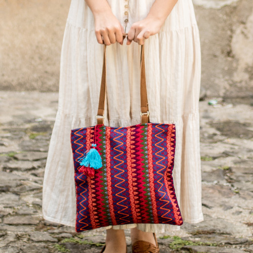 Hand-Woven Cotton Shoulder Bag with Suede Straps and Tassels 'Fire Volcano'