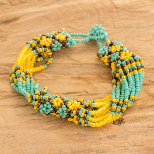 Multi-Strand Beaded Wristband Bracelet in Yellow and Aqua 'Balance in Yellow' Multi-Strand Beaded Wristband Bracelet in Yellow and Aqua 'Balance in Yellow'