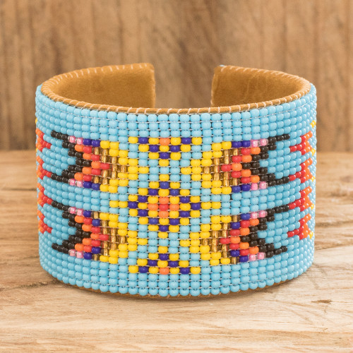 Beaded Leather and Suede Cuff Bracelet Handmade in Guatemala 'Native Designs in Light Blue'