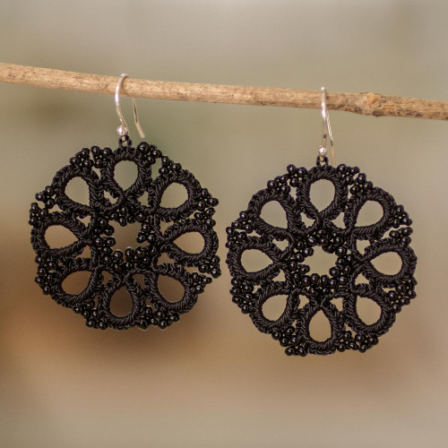 Black Hand-Tatted Dangle Earrings with Glass Beads 'Sinuous Elegance'