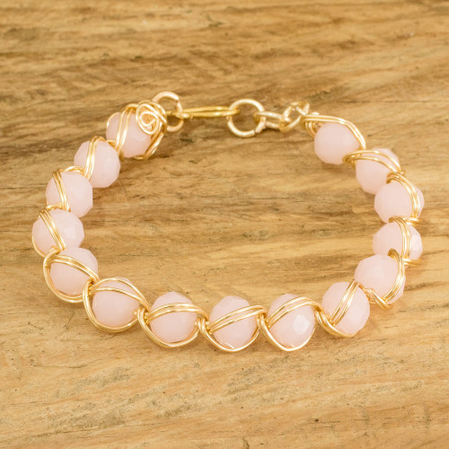 Pink Crystal Beaded Bracelet with Gold-Toned Copper Wires 'Glamorous Pink Feeling' Pink Crystal Beaded Bracelet with Gold-Toned Copper Wires 'Glamorous Pink Feeling'